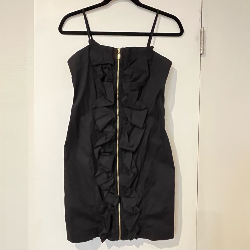 Kensie Black Sleeveless Mini Dress with Full Front Gold Zipper & Ruffles Accents
